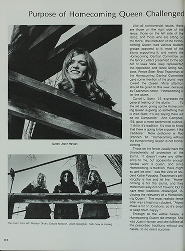 image of 1972 Bomb Yearbook page 112 - Purpose of Homecoming Queen Challenge - 2 pictures: one with one queen; one with 3 queens