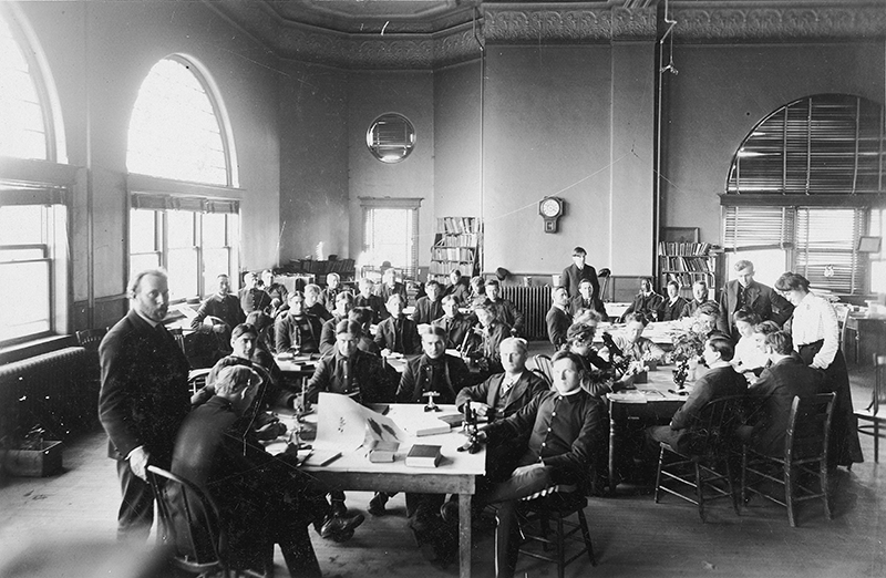 classroom with students in a botany lab in Margaret Hall, undated