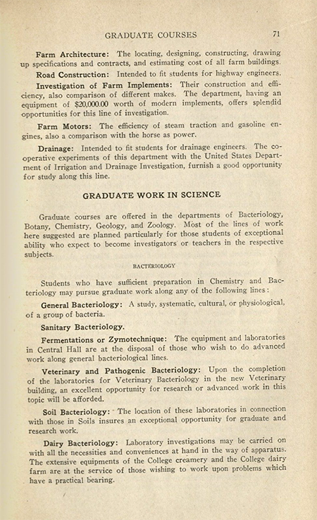 scan of a page from Iowa State College catalog for coursework for graduate work in science