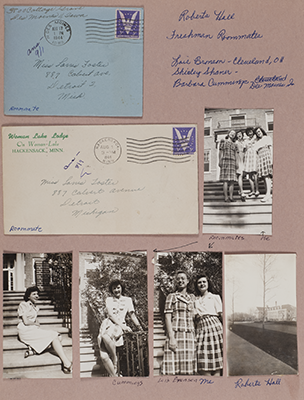 Image of a page from Foster's scrapbook, featuring photos of Foster with her freshman roommates and letters they wrote each other.