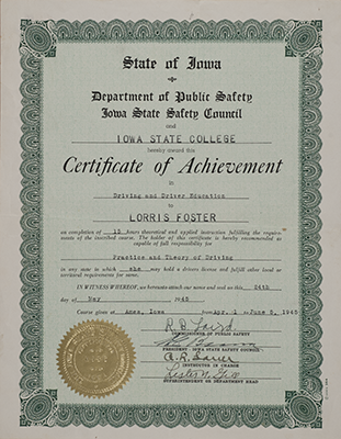 Image of Foster's Certificate of Achievement in Driving and Driver Education