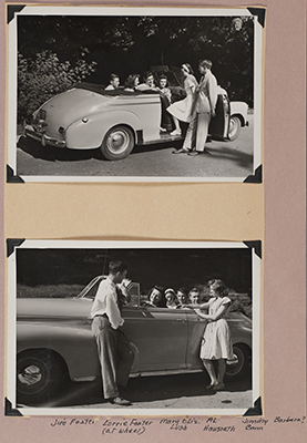 Image of a page from Foster's scrapbook, featuring photos of Lorris, Jim, and friends around a car