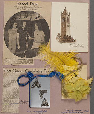 Image of a page from Foster's scrapbook, featuring dance cards and newspaper clippings