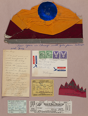 Image of a page from Foster's scrapbook, featuring ephemera from a New Year's celebration in Chicago