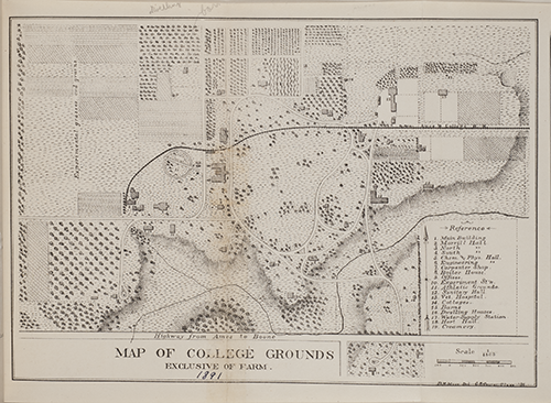 Hand-drawn map of college grounds