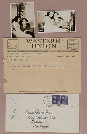 Image of a page from Foster's scrapbook, featuring a telegram from her future husband and photographs of the two of them together