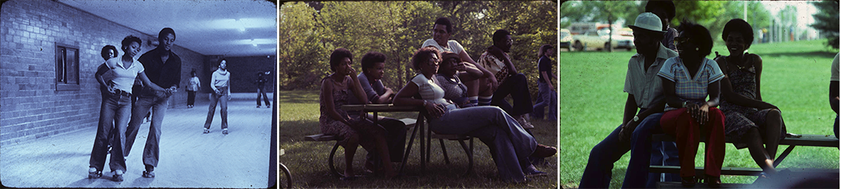 3 image of Students Roller Skating; having a picnic; watching a baseball game outside on picnic table