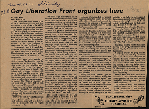 Image of an Iowa State Daily article describing early LGBT activism on campus