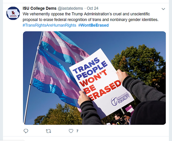 screenshot of ISU College Democrats tweet condemning President Trump's proposal to elimination of federal recognition of transgender and nonbinary gender identities.